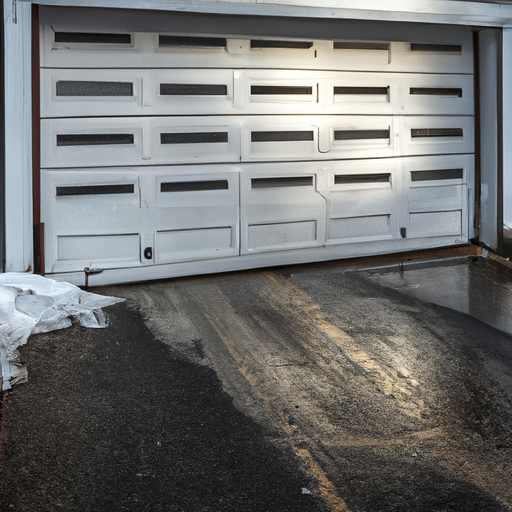 Snowy Lexington driveway with a steel garage door showing a dent and ice at the bottom seal after a nor'easter.