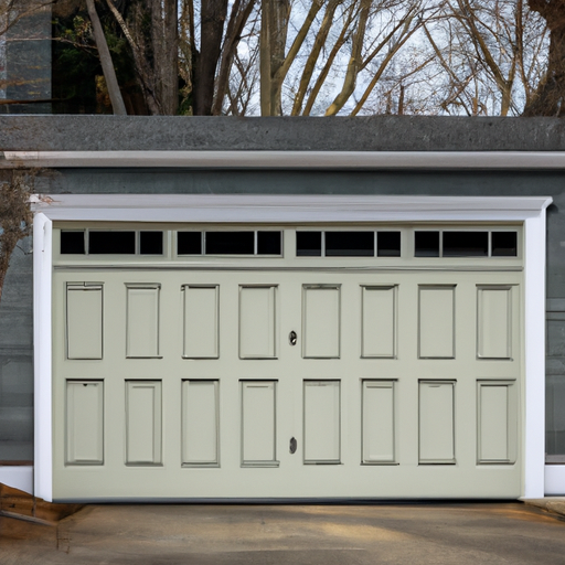 Exterior view of a closed insulated steel garage door on a Colonial home in Lexington, MA under overcast sky