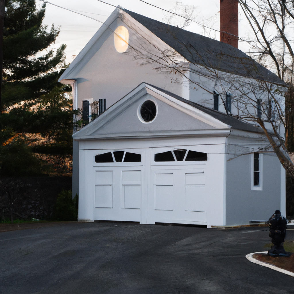 Historic Colonial-style home in Lexington, MA with a modern quiet garage door and clean driveway at dusk