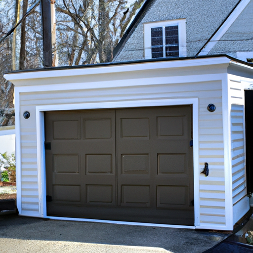 Suburban Lexington, MA driveway with a closed insulated garage door, weather seals visible, daytime scene.