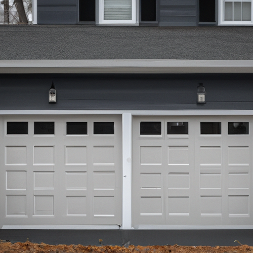 Sectional garage door on a Lexington, MA suburban home with visible track and weather seal on an overcast day.