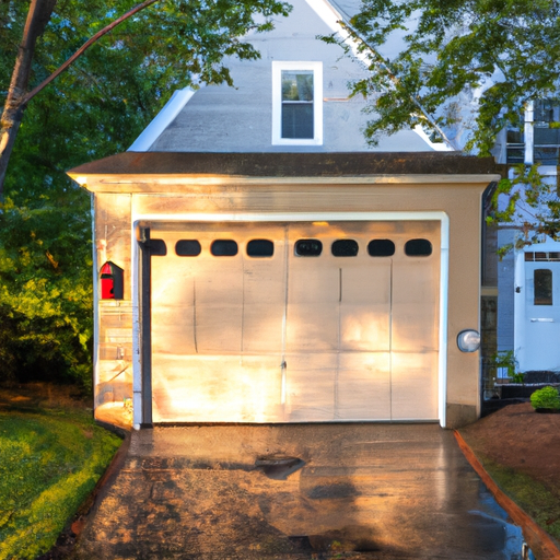 Lexington, MA colonial home exterior at golden hour showing a modern insulated garage door with smart keypad and sensor.