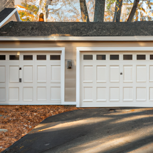 Suburban residential garage door on a colonial-style home in late autumn light, Lexington, MA.