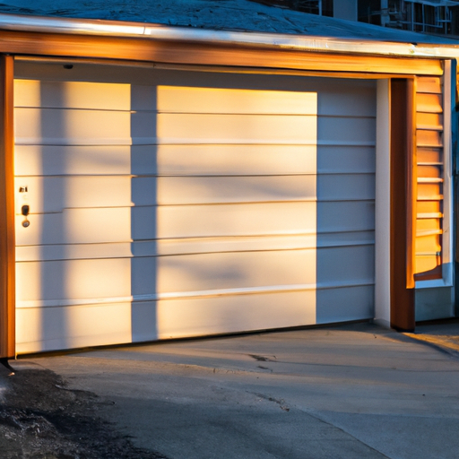Sectional garage door on a Lexington driveway at golden hour, showing panels, track, and weather seal.