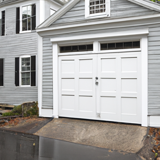 Colonial-style Lexington house with a closed residential garage door and visible hardware on an overcast day.