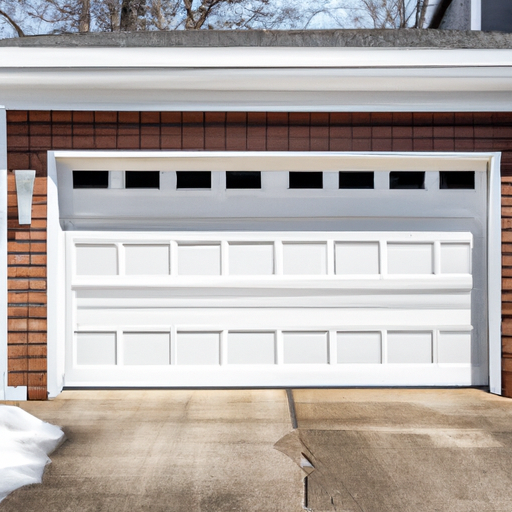 Residential garage in Lexington, MA with a white sectional garage door framed by brick and cedar siding on a clear day.