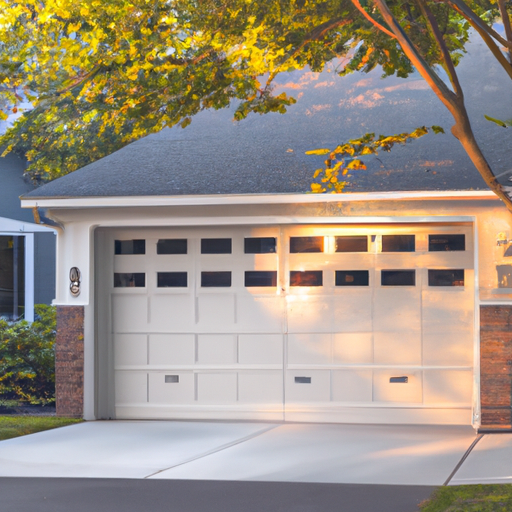 Residential garage door in Lexington, MA at golden hour showing a visible smart opener unit and driveway.