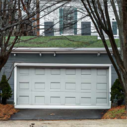 Suburban Lexington home with a closed residential garage door, late-winter setting, no people.