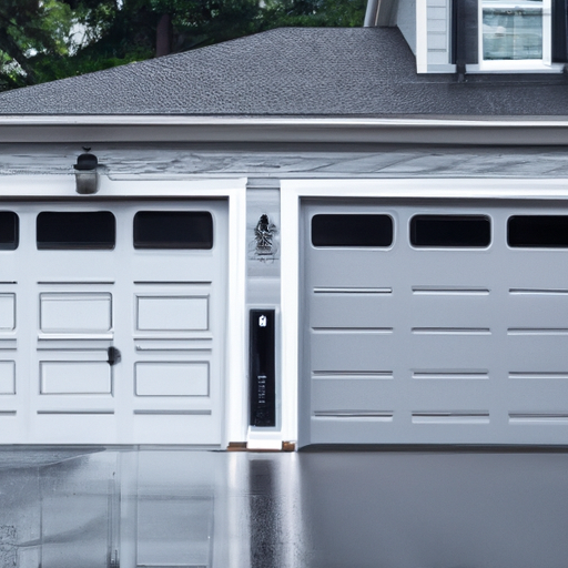Lexington suburban home with a modern sectional garage door partially open and an automatic opener visible; wet driveway and morning light.