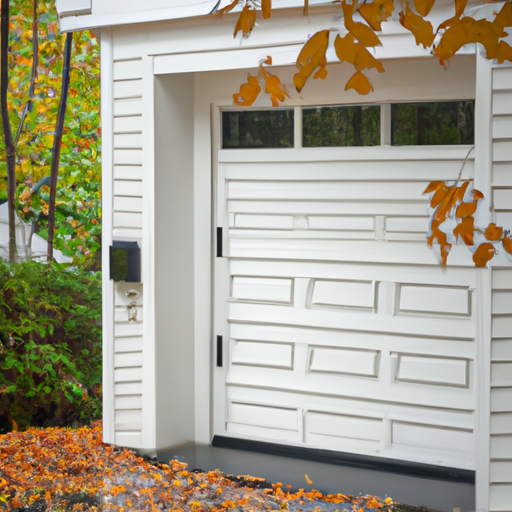 Colonial Lexington home with a modern garage door, smart keypad visible and wet driveway with autumn leaves.