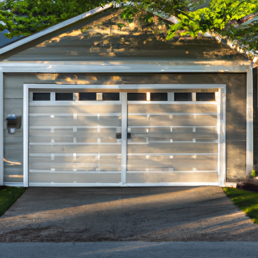 Suburban residential garage door in Lexington, MA, showing full door and surrounding siding with neat driveway and landscaping.
