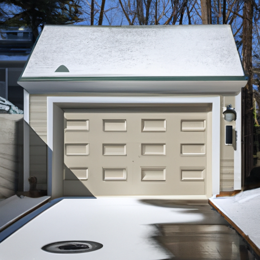 Colonial-style Lexington home with a modern insulated garage door, visible threshold and bottom seal in light snow.