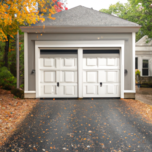 Residential garage door on a Lexington, MA home with colonial facade and driveway, autumn foliage in background.