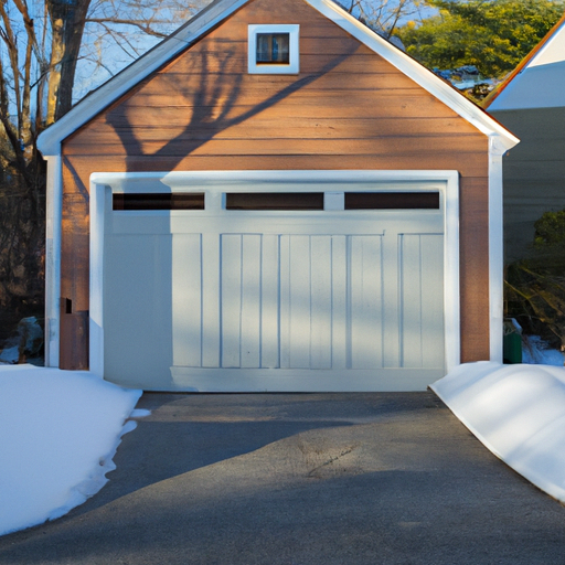 Lexington home exterior with a closed wooden-paneled garage door, early morning light and light snow on the driveway.