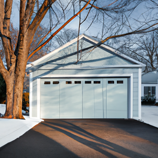 Suburban Lexington home with a modern sectional garage door centered, colonial siding and mature tree, late afternoon light.