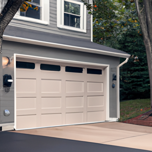 Suburban Lexington home with a modern insulated sectional garage door partially open at dawn, no people.